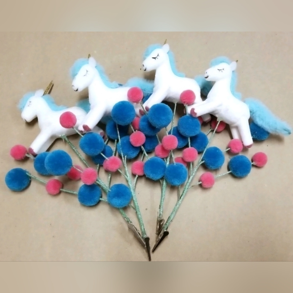 Unicorn Pompom Kids decorative Room party  Birthday party  set of 4 with clip